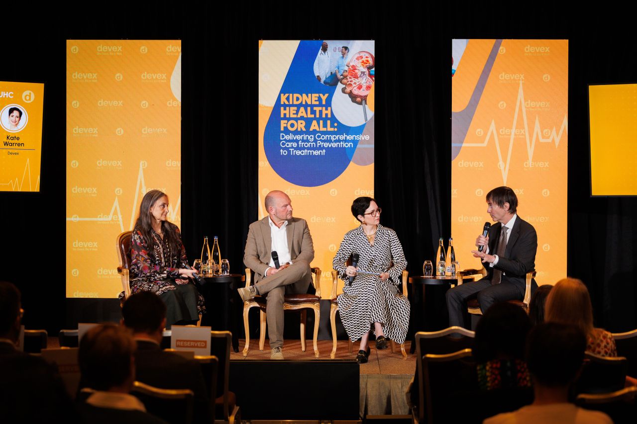 Devex Impact House event during World Health Assembly. Pictured: Dr. Viviana Martinez-Bianchi, WONCA; Magnus Lindholm, Vantive; Kate Warren (Moderator); Dr. Marcello Tonelli, President of ISN